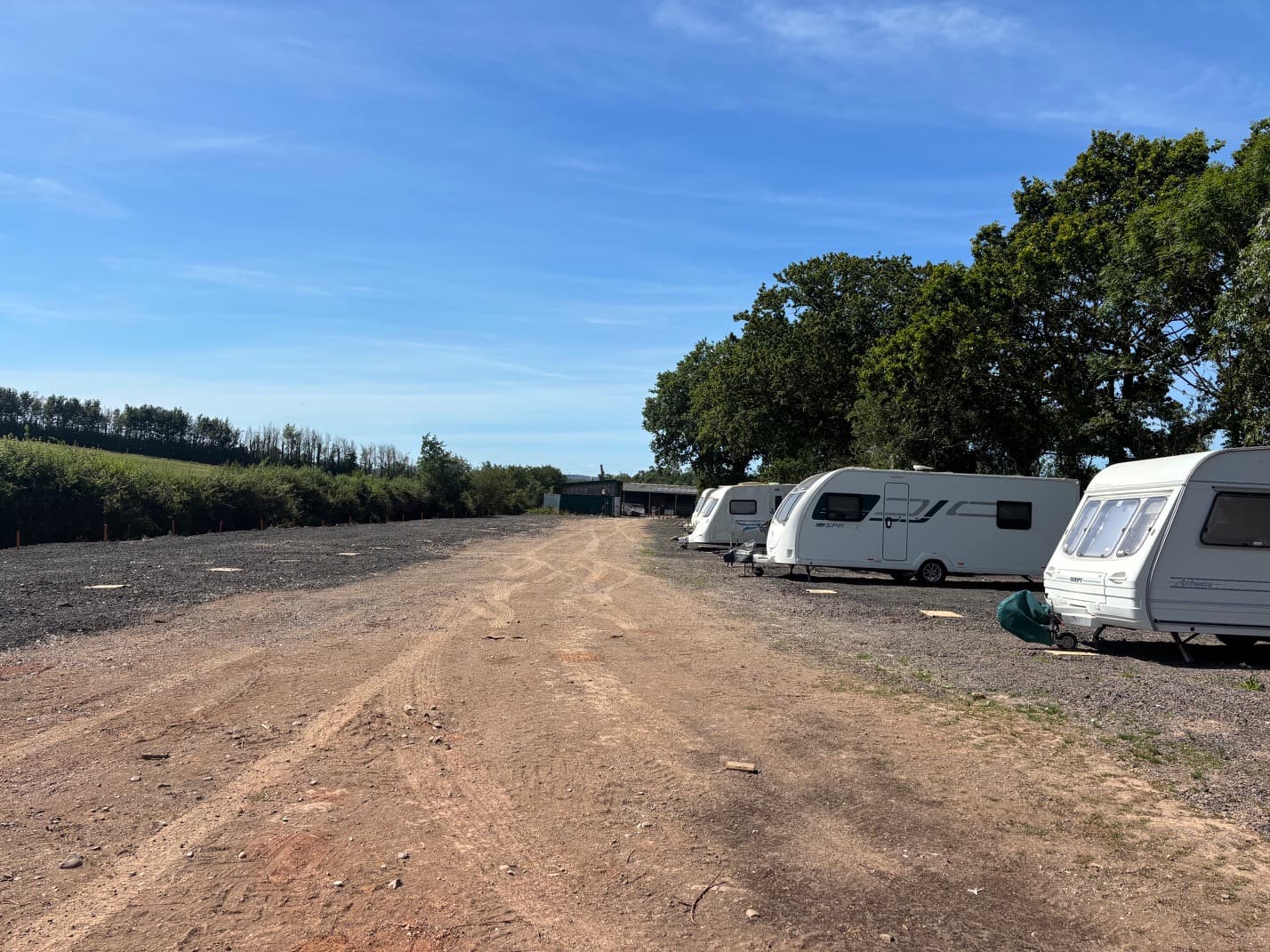 Row of caravans lined up along the oak-tree perimeter